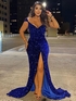 Royal Blue Sheath V-Neck Sleeveless Long Sweep Train Velvet Sequin Prom Dress (AF1094)