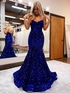 Royal Blue Mermaid Sweetheart Sleeveless Long Sweep Train Velvet Sequin Prom Dress (AF1089)