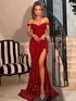 Red Sheath Off the Shoulder Short Sleeves Long Sweep Train Velvet Sequin Prom Dress (AF1088)