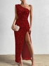 Red Sheath One Shoulder Sleeveless Long Floor Length Velvet Sequin Prom Dress (AF1083)