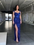 Royal Blue Sheath Straps Sleeveless Long Sweep Train Velvet Sequin Prom Dress (AF1099)