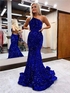 Royal Blue Mermaid One Shoulder Sleeveless Long Sweep Train Velvet Sequin Prom Dress (AF1098)